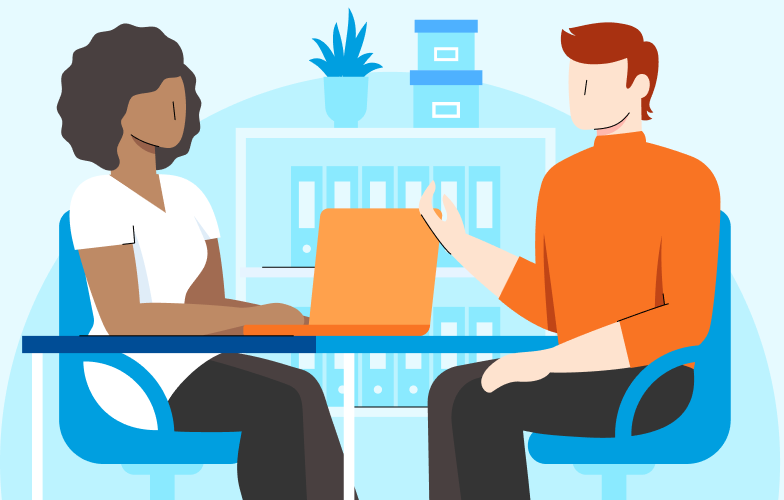 Illustrated image of a man and woman sitting at a table with a laptop in front of the woman