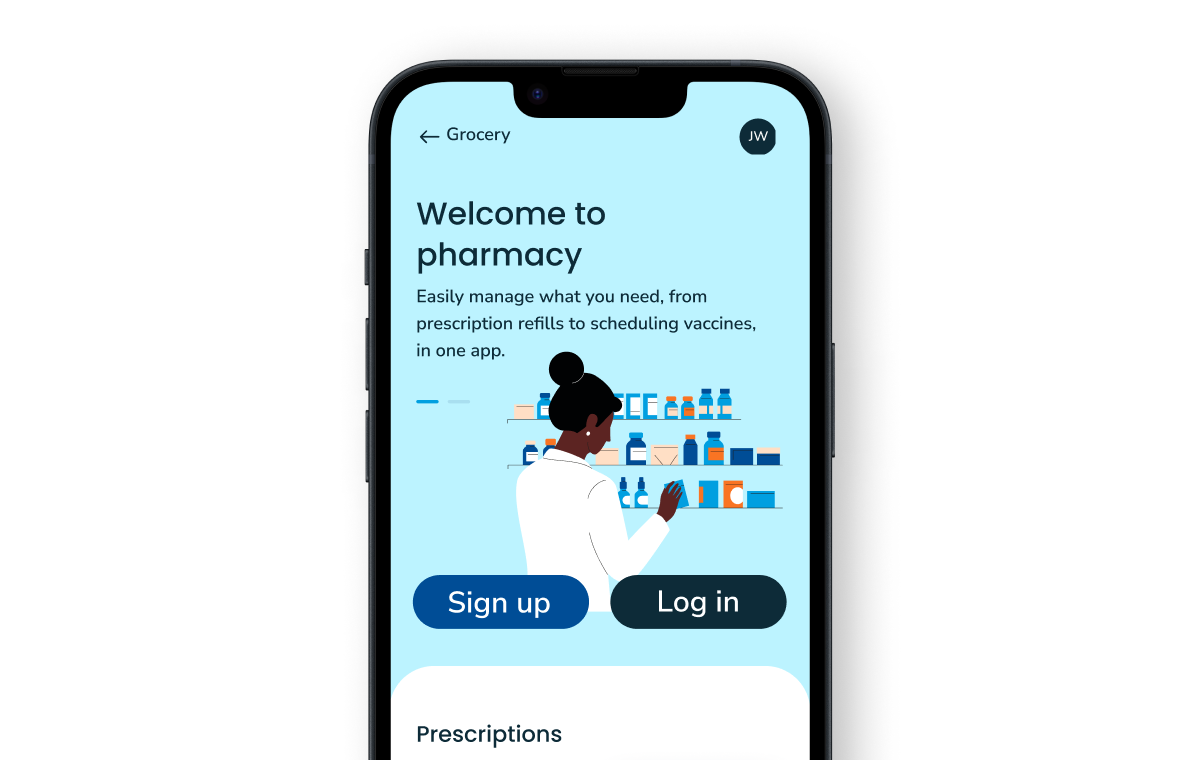 Mobile app showing sign up and login in pharmacy prescriptions page