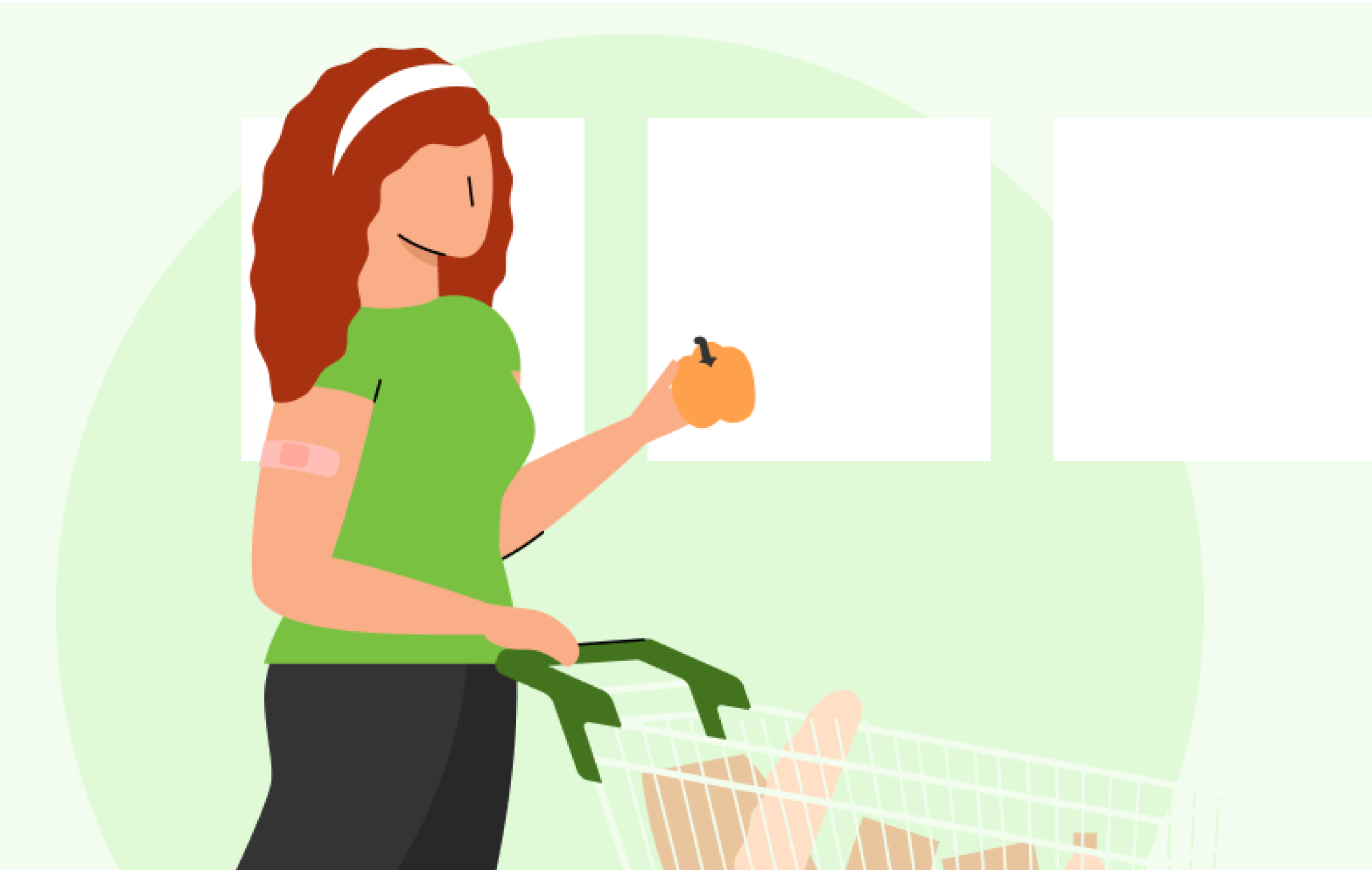 Illustration of a woman shopping for groceries pushing a basket