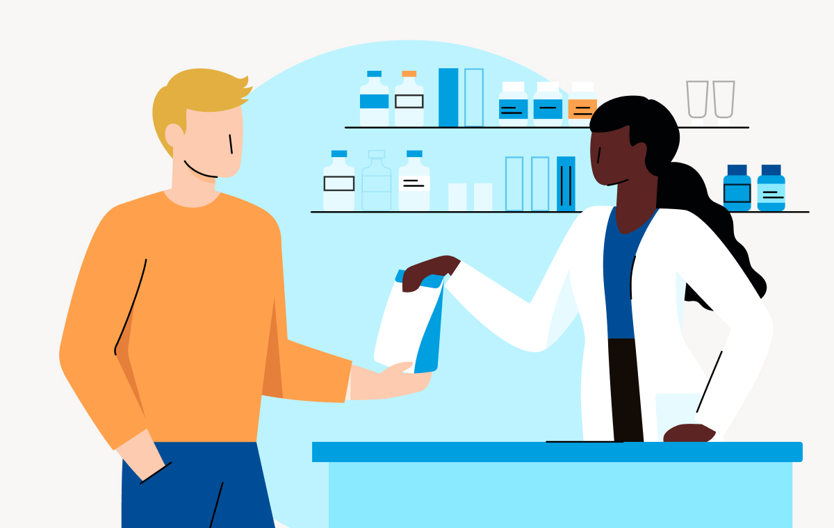Illustrated image of female pharmacist handing bag to a man.