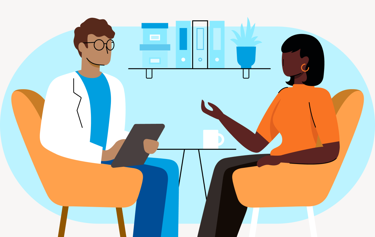 Illustrated image of female in orange shirt talking to a male doctor both sitting in chairs