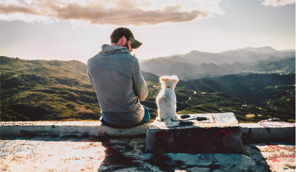 A man and his dog sitting on ledge overlooking mountains