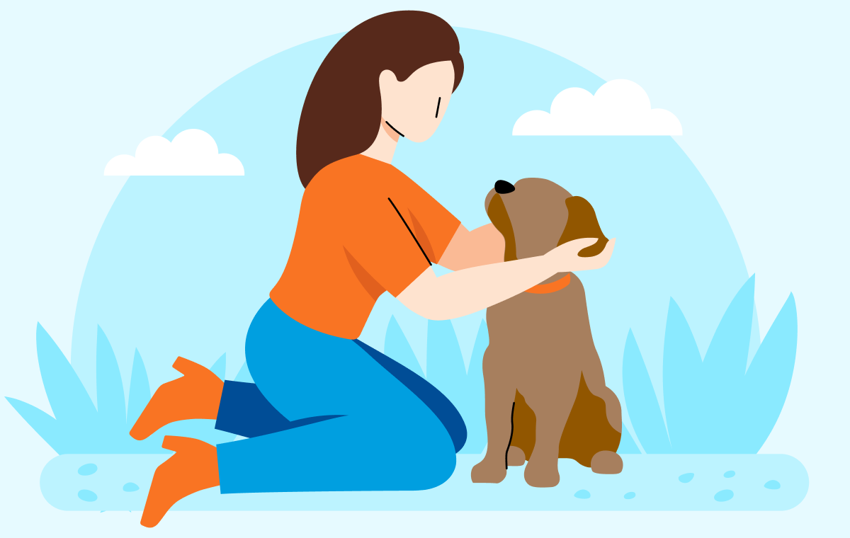 Woman with dark hair on her knees petting her brown dog