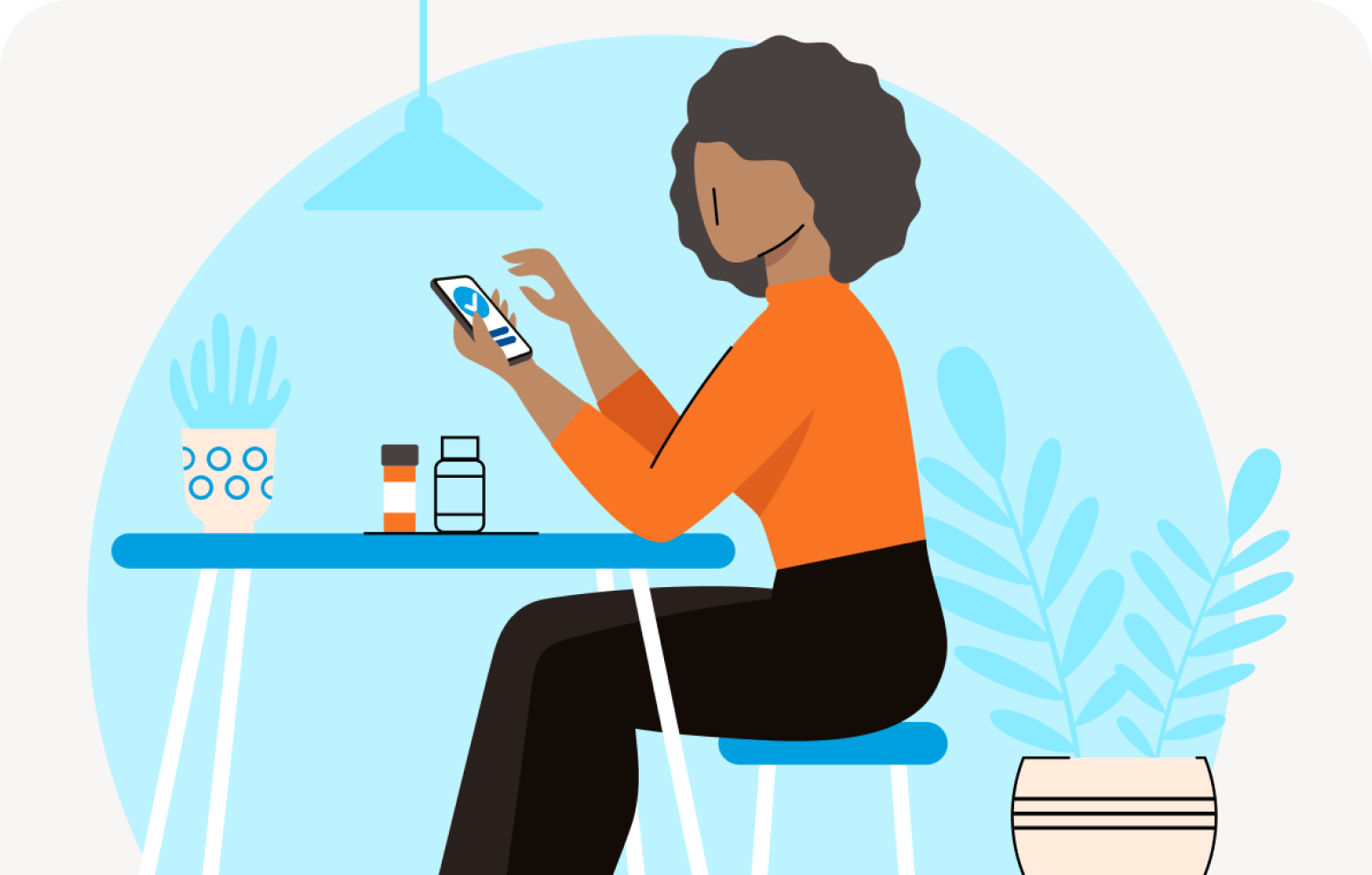Illustrated image of a woman sitting at a table looking at her phone