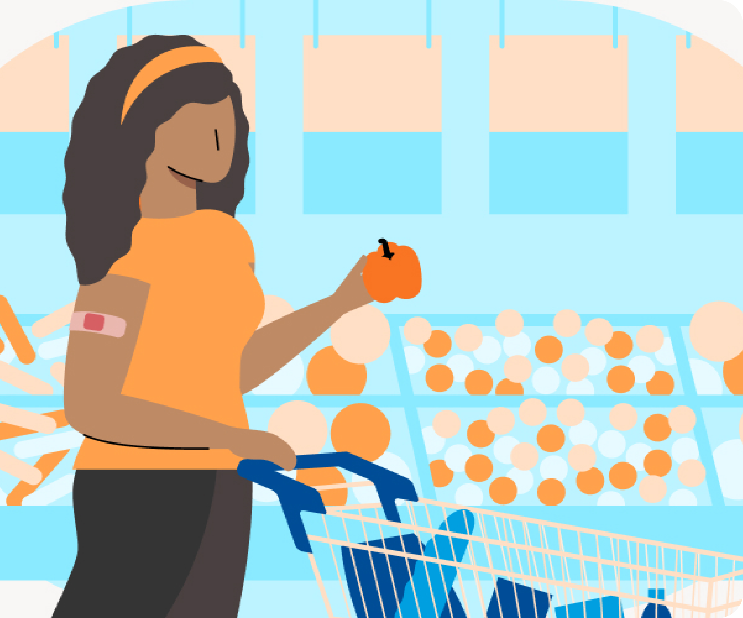 Illustrated image of a woman pushing a shopping cart holding a piece of produce in her hand