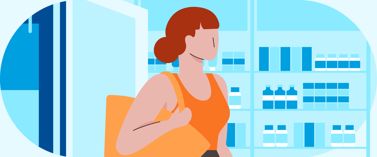 Illustrated image of a woman walking into a store with a purse over her shoulder