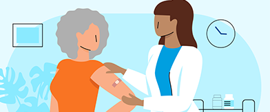 Illustrated image of a medical worker applying an adhesive bandage on a patient