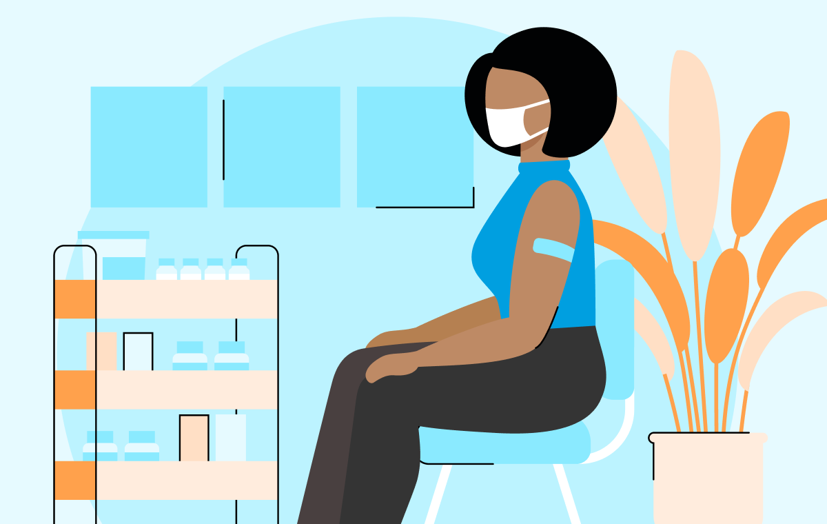 Illustrated image of a woman showing her vaccinated spot on her left arm sitting on a chair