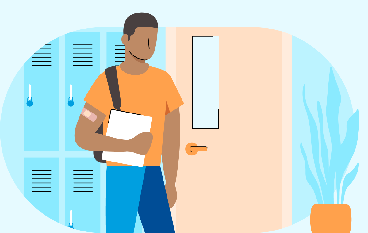 Illustrated image of a man carrying a file and bag with his right hand and showing vaccinated right arm 