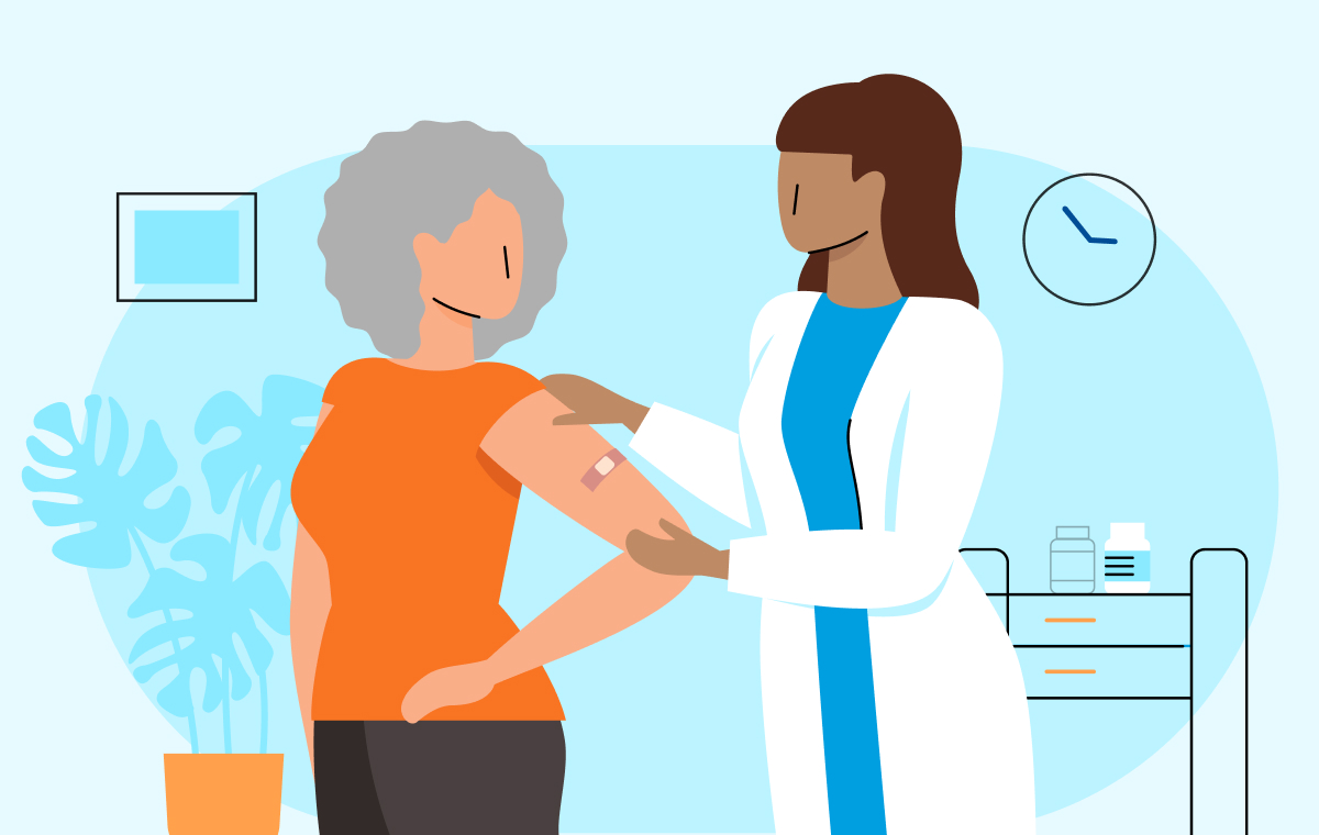 Illustrated image of woman getting vaccine from woman pharmacist