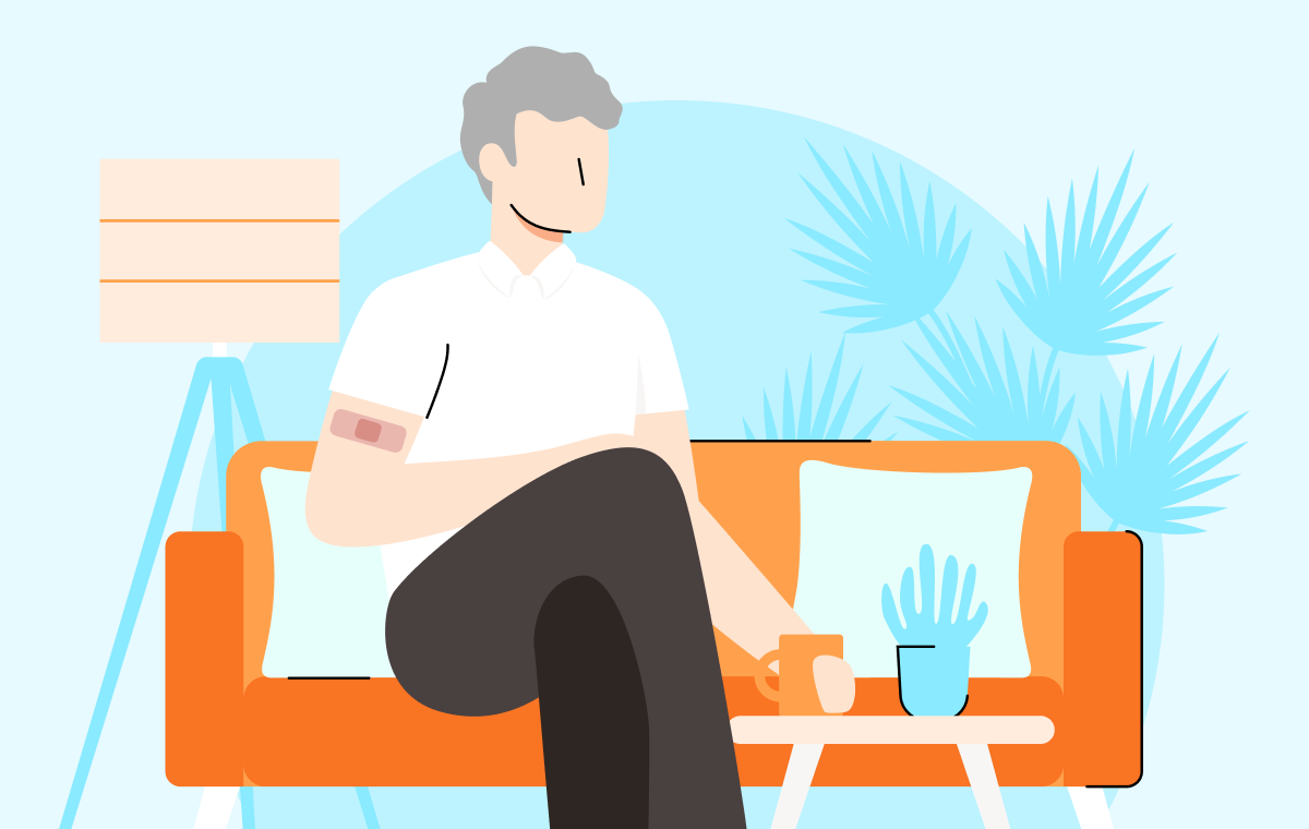 Illustrated image of a man with beard sitting on a chair and showing his vaccinated spot with band-aid on his right arm