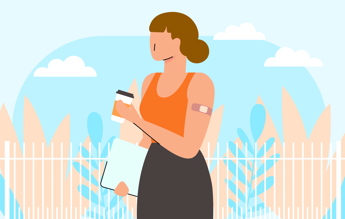 Illustrated image of a woman carrying a coffee cup in left hand with vaccinated spot on left arm and a file in her right hand