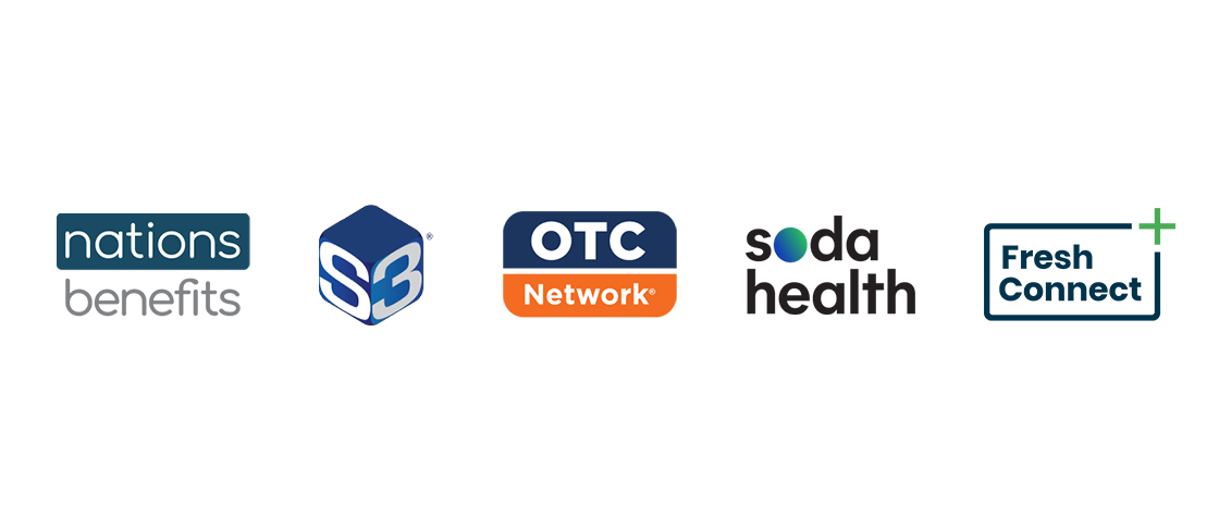 Logos of benefit cards payment processors - Nations Benefits, S3, OTC Network, Soda Health, and Fresh Connect