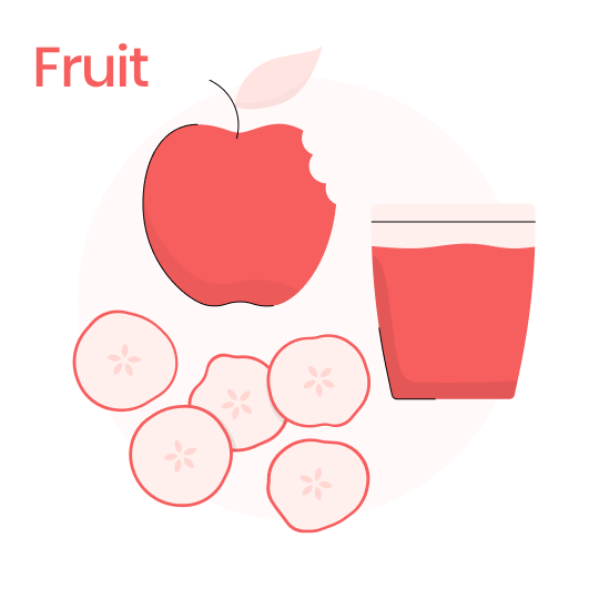 Illustration of an apple, fruit juice, and sliced apple, all in a red hue.
